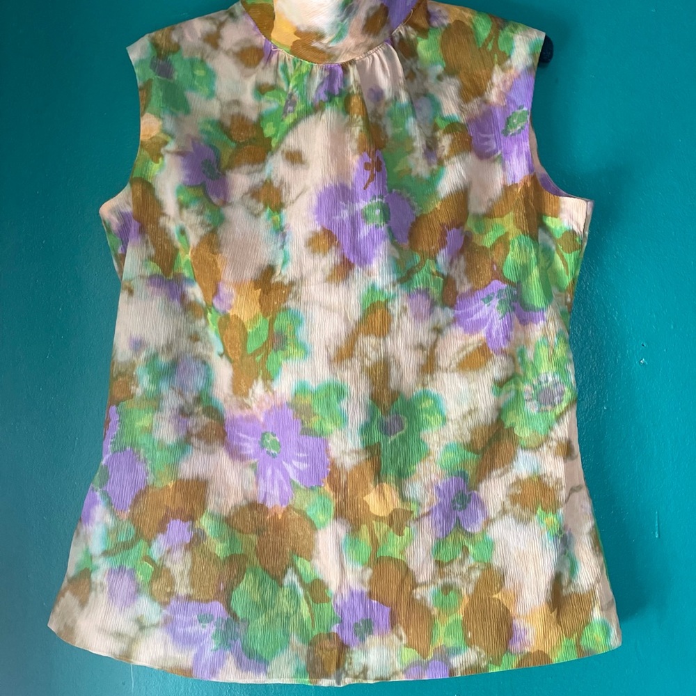 Vintage watercolour print sleeveless blouse
